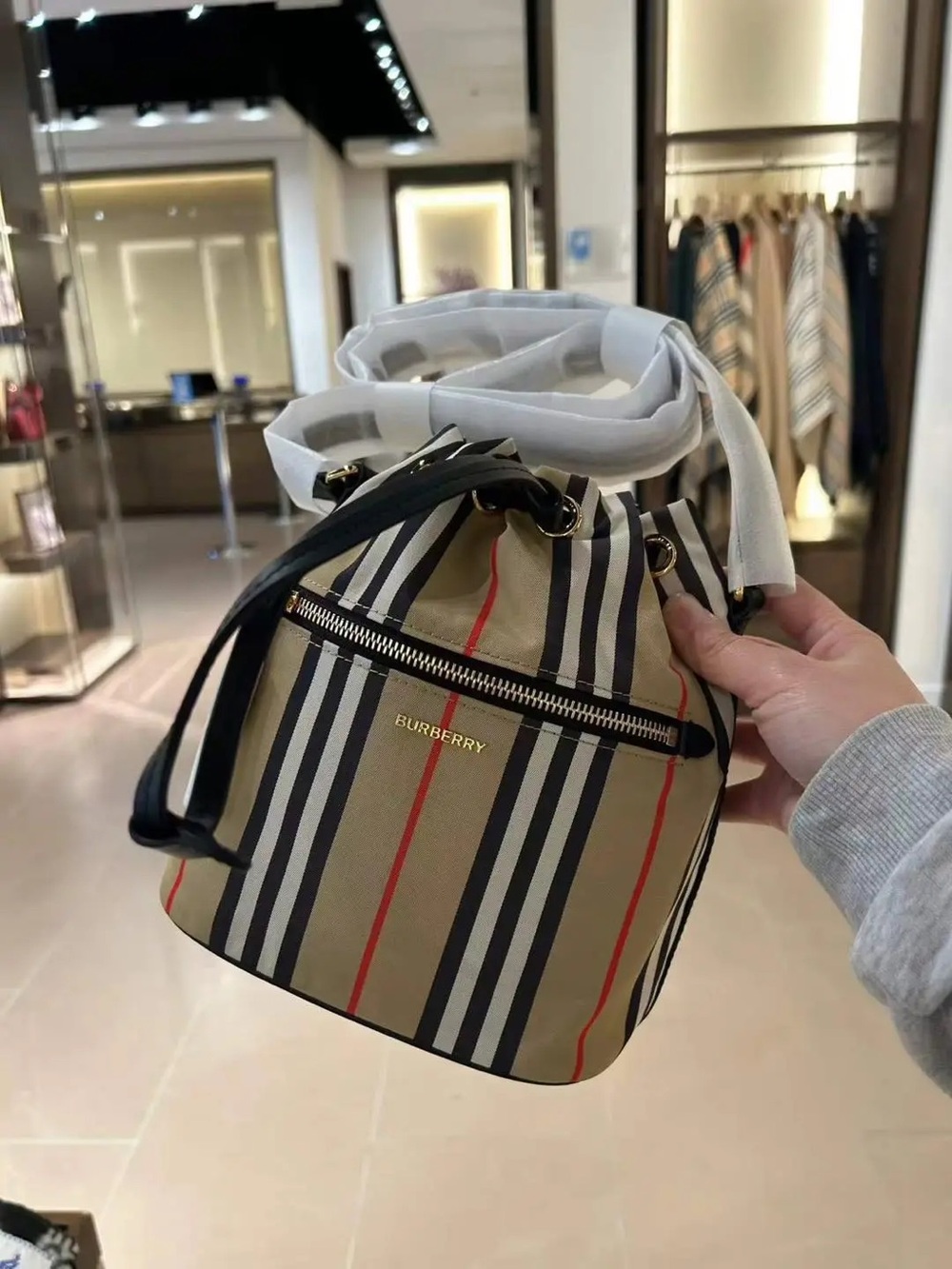 Burberry Mini Striped Drawstring Crossbody Bucket Pouch Bag